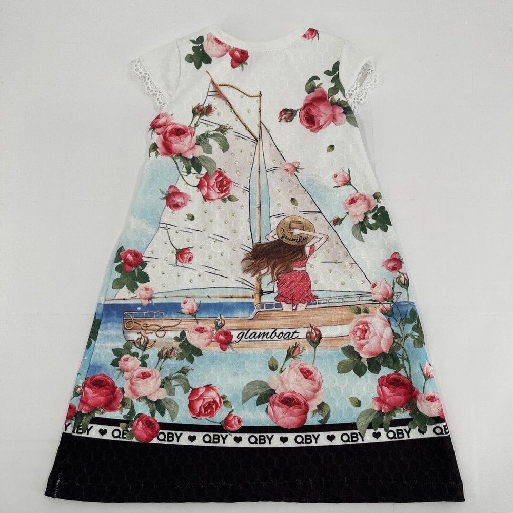 QUIMBY Girls Dress Size 3 Sailboat Roses Floral Lace Accents Bon Voyage